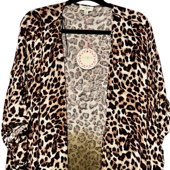 UMGEE Oversized Ombre Animal Leopard Print Frayed Hem Open Front Kimono Cardigan - Picture 2 of 10